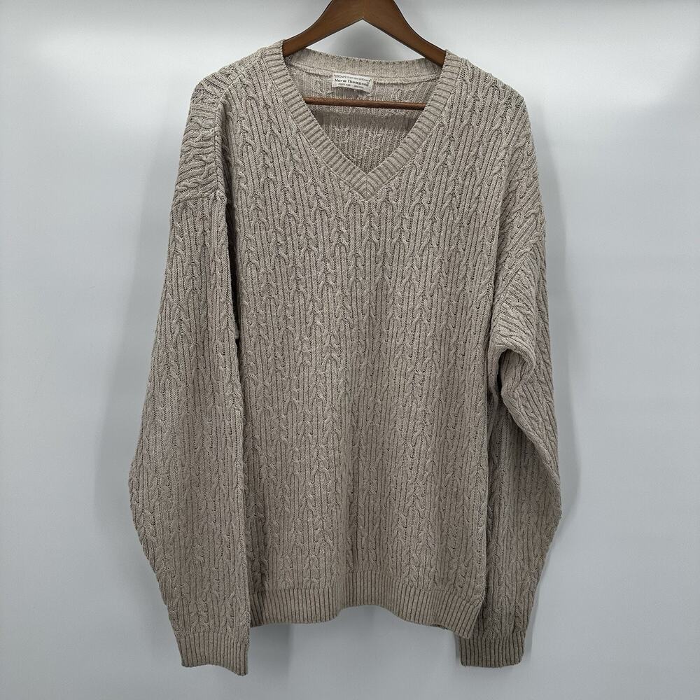 Norm Thompson Sweater‎ Mens Large Cable Knit Vneck Fisherman Beige Pull Over